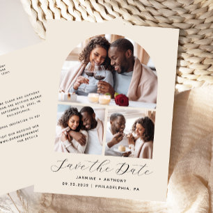 Cartão Postal Colagem de 3 fotos Beige Salve a Data