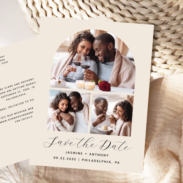 Cartão Postal Colagem de 3 fotos Beige Salve a Data (Criador carregado)