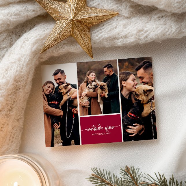 Cartão Postal Colagem de 3 Fotos com Letra Elegante Feliz Natal (Criador carregado)