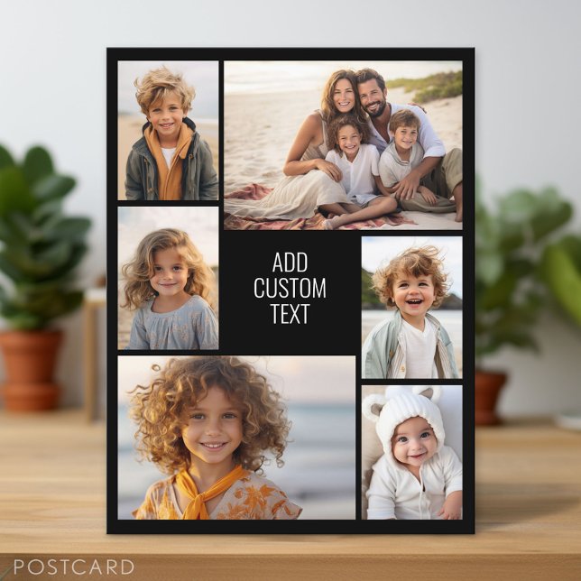 Cartão Postal Colagem de 6 fotos - fundo preto - texto branco (Photo Postcard - Customize with your pictures)