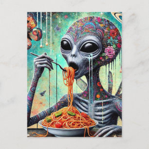 Cartão Postal Colagem de Alien Divertido e Esquisito Comendo Esp