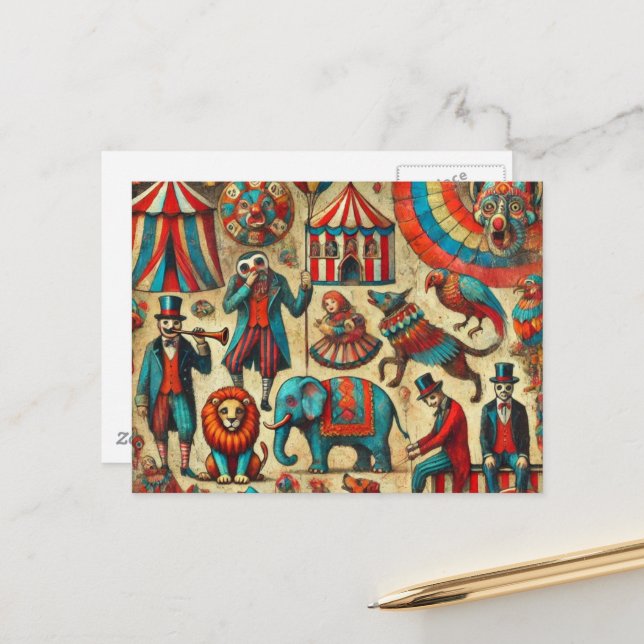 Cartão Postal Colagem de Animais de Circo Vintage (Frente/Verso In Situ)