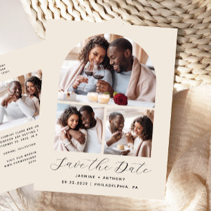 Cartão Postal Colagem de Arco de 4 Fotos Bege Save the Date
