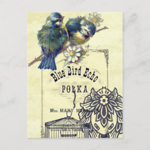 Cartão Postal Colagem de Aves Azuis Vintage