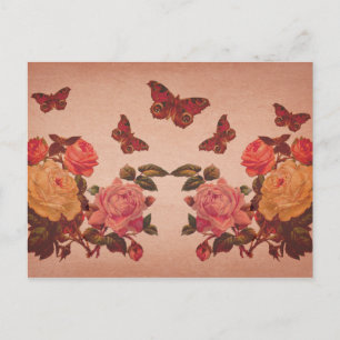 Cartão Postal Colagem de bonito Vintage, Rosas Rosa e Borboletas