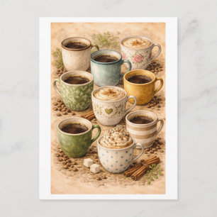 Cartão Postal Colagem de Canecas de Café em Estilo Vintage