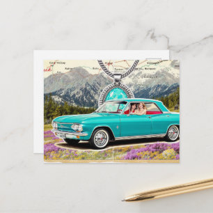 Cartão Postal Colagem de Carro Antigo em um Mapa nas Montanhas