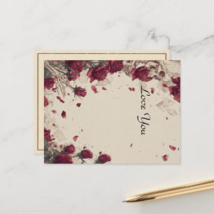 Cartão Postal Colagem de Caveira Esqueleto Vintage com Rosa Verm