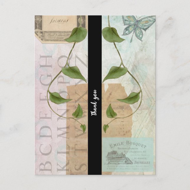 Cartão Postal Colagem de Ephemera Antiga Obrigado (Frente)