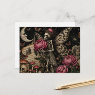 Cartão Postal Colagem de Esqueleto de Fada e Flores de Peônia