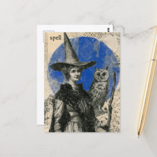 Cartão Postal Colagem de Feitiço de Bruxa e Coruja Vintage