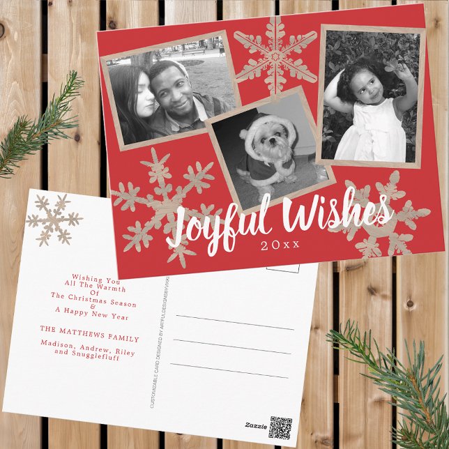 Cartão Postal Colagem de Floco de Neve Vermelho Moderno 3 Foto (Customize these holiday postcards with 3 of your favorite photos and a personalized greeting.)