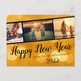 Cartão Postal Colagem de Fotos de Ano Novo Feliz Dourado