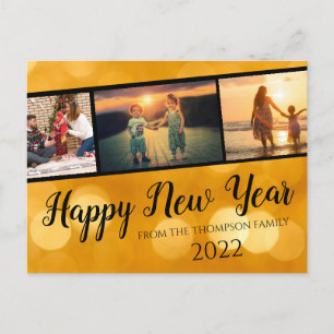 Cartão Postal Colagem de Fotos de Ano Novo Feliz Dourado