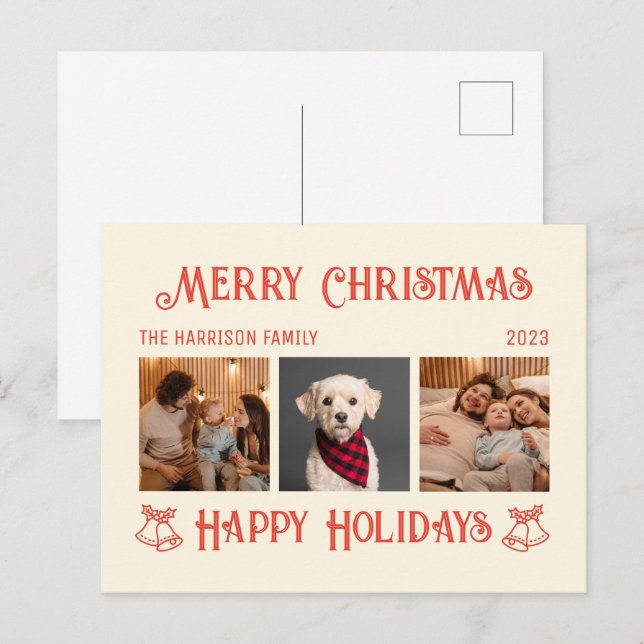 Cartão Postal Colagem de Fotos de Feriados de Natal com Creme Ve (Frente/Verso)