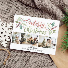 Cartão Postal Colagem de Fotos de Folhagem de Berry de Natal Mod