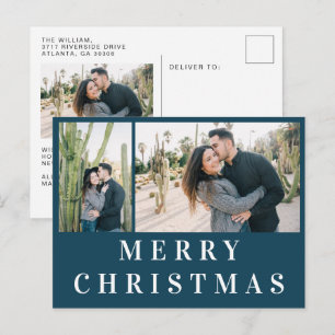 Cartão Postal Colagem de Fotos de Natal em Azul Marinho com Text