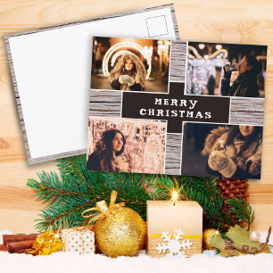 Cartão Postal Colagem de Fotos de Natal em Madeira Rústica