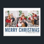 Cartão Postal Colagem de Fotos de Natal Feliz com Tipografia Azu<br><div class="desc">Feliz Natal! Cartaz personalizável de colagem de fotos de Natal com tipografia simples azul e preta. Personalize adicionando três fotos,  nomes,  ano e outros detalhes. Este cartão-postal de Natal moderno está disponível em outras cores e estoque de papelão.</div>