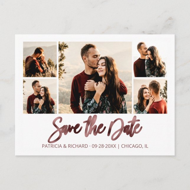Cartão Postal Colagem de Fotos de Salvar a Data de Casamento com (Frente)