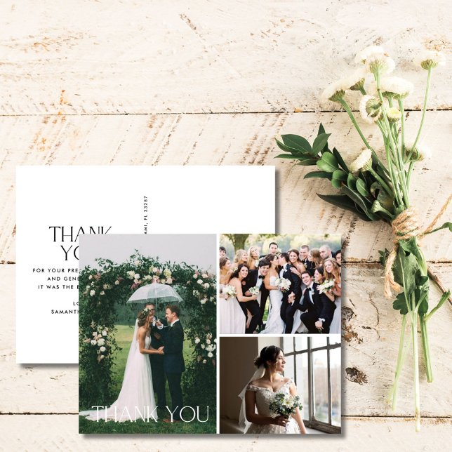 Cartão Postal Colagem de Fotos do Casamento 3 Obrigado Cartão-Po (Wedding 3 Photo Collage Thank You Postcard)