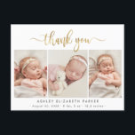 Cartão Postal Colagem de Fotos do Dourado Script Moderno - Obrig<br><div class="desc">Dourado Script 3 Foto Colagem de Fotos do Script 3 da Caligrafia Elegante, Bebê Recém-Nascido, Obrigado Cartão-Postal de Anúncio de Nascimento. Apresenta um belo texto "obrigado você" em uma letra de folha de balanço de ouro FAUX escrita à mão. As estatísticas pré-feitas de mensagens pessoais e natalidade com o nome...</div>
