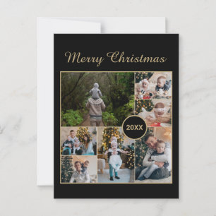 Cartão Postal Colagem de Fotos Elegante 7 Dourada Feliz Natal