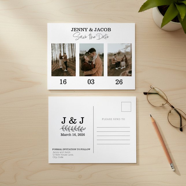 Cartão Postal Colagem de Fotos em Destaque datas Salvar a Data (Bold Photo Collage dates Save the Date Postcard.)