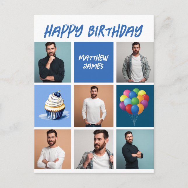 Cartão Postal Colagem de Fotos Personalizada Azul Aniversário (Frente)