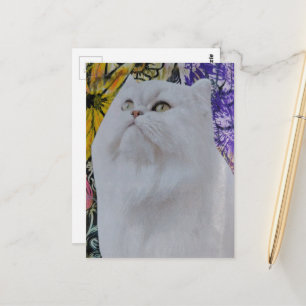 Cartão Postal Colagem de Gato Branco em Flores