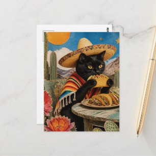 Cartão Postal Colagem de gato preto surreal comendo tacos