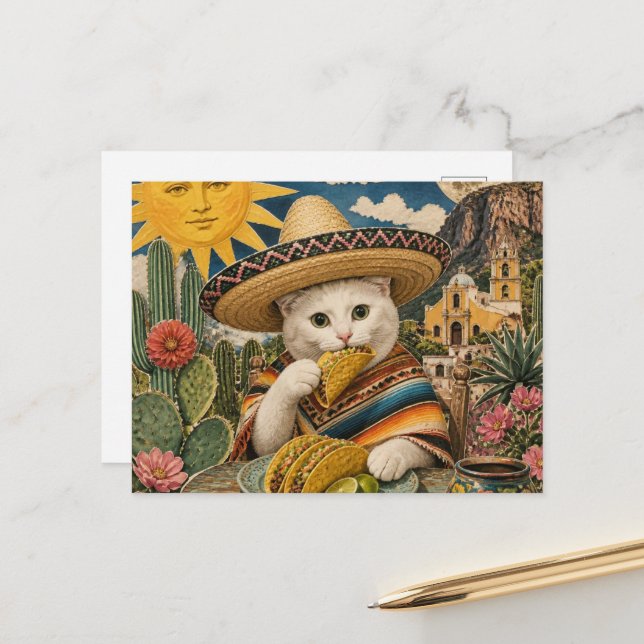 Cartão Postal Colagem de gato surreal comendo tacos (Frente/Verso In Situ)