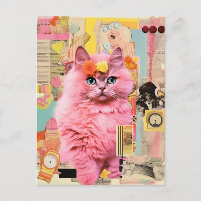 Cartão Postal Colagem de Gatos Rosa Fluffy (Frente)