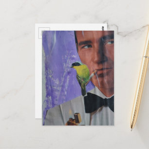 Cartão Postal Colagem de Homem Retro Fumando e um Passarinho Fof