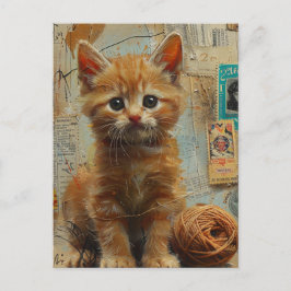 Cartão Postal Colagem de Meios Mistos de Fio de Gatinho Gengibre