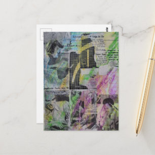 Cartão Postal Colagem de mídia mista abstrata de marcenaria retr