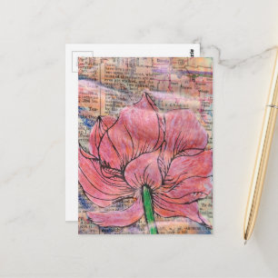 Cartão Postal Colagem de Mídia Mista com Mapa e Flores Cor-de-Ro