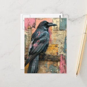 Cartão Postal Colagem de Mídia Mista Corvo Preto