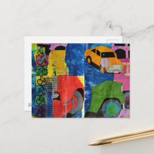 Cartão Postal Colagem de mídia mista de Carros Bicicletas e Cami