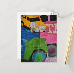Cartão Postal Colagem de mídia mista de carros e caminhões