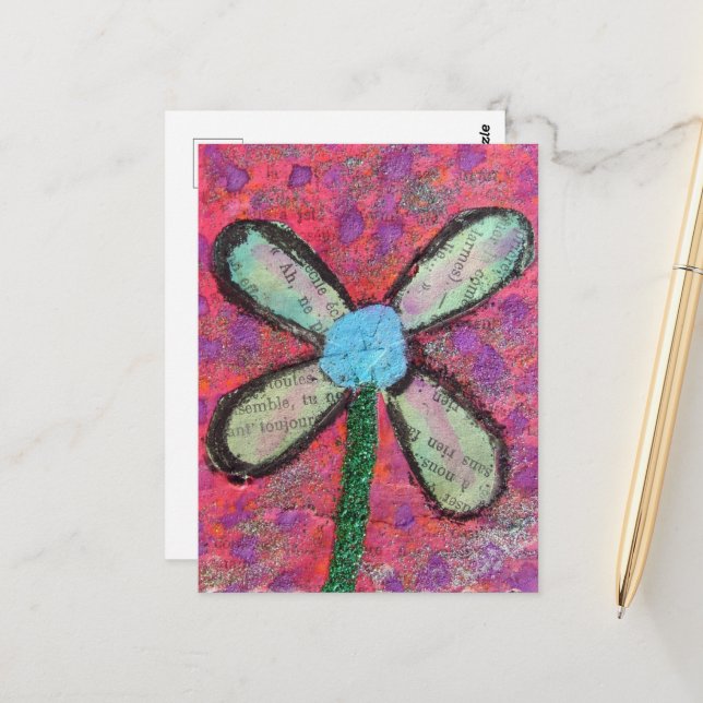 Cartão Postal Colagem de Mídia Mista de Flor (Frente/Verso In Situ)