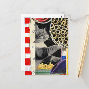 Cartão Postal Colagem de Mídia Mista de Gato Bonito