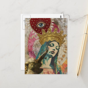 Cartão Postal Colagem de Mídia Mista de Maria e Anjo