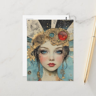 Cartão Postal Colagem de mídia mista de mulher bonita