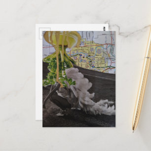 Cartão Postal Colagem de mídia mista de OVNI frondoso vem para e