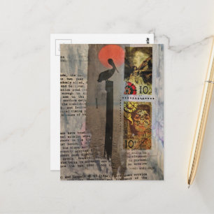 Cartão Postal Colagem de mídia mista de pássaro pelicano e selos