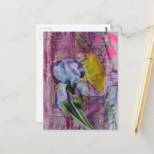 Cartão Postal Colagem de mídia mista Pretty Iris Flower estrelas