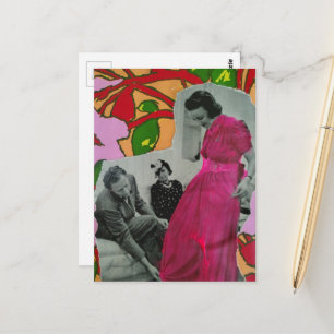 Cartão Postal Colagem de Mídia Mista Senhora de Pijama Rosa Quen