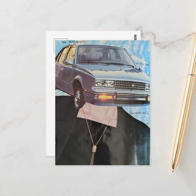 Cartão Postal Colagem de Mulher com Cabeça de Carro Retro (Frente/Verso In Situ)