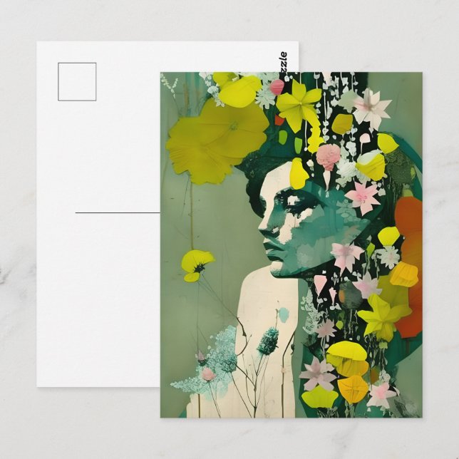 Cartão Postal Colagem de Mulher e Flores Rosa e Amarelo (Frente/Verso)